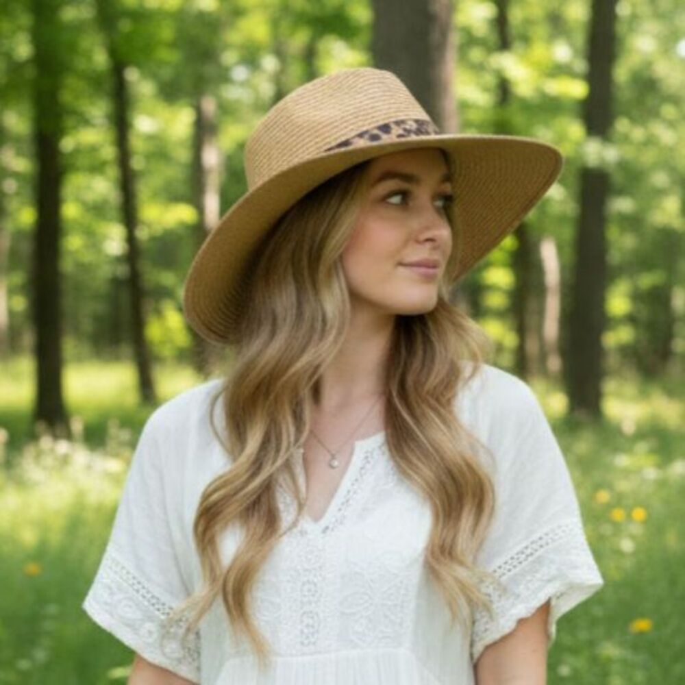 NEW Wide Brim Black Floppy Sunhat Leopard Straw/Raffia Hat OS NWT